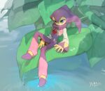  1other blue_eyes closed_mouth commentary_request full_body hair_between_eyes jester_costume leaf long_sleeves mini_person miniboy mojaranmo nights_(character) nights_into_dreams other_focus ripples sitting solo 