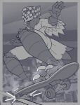 3_toes 5_fingers anthro avian avian_feet beak bird bodily_fluids city claws digital_media_(artwork) dreadlocks duo extreme_size_difference eyes_closed feathers feet fingers greyscale hair hi_res low-angle_view macro male male/male mask micro monochrome nipples nude outside saaxon size_difference skateboard sweat sweaty_feet tail tail_feathers talons toe_claws toes tuft underfoot vehicle wings