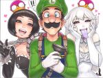  ! !! 1boy 2girls :d bare_shoulders black_eyes black_hair blue_eyes blush breasts chain chain_leash cleavage collar collarbone colored_sclera colored_tongue commentary elbow_gloves english_commentary facial_hair gloves green_hat green_shirt half-closed_eyes hands_on_own_cheeks hands_on_own_face hat heart heart-shaped_pupils holding large_breasts leash looking_at_viewer luigi luigi's_mansion mario_(series) metal_collar multiple_girls mustache nervous_sweating omar_dogan pink_eyes princess_chain_chomp princess_king_boo purple_sclera purple_tongue scan sharp_teeth shirt short_hair signature simple_background smile spoken_exclamation_mark super_crown sweat symbol-shaped_pupils teeth tongue tongue_out traditional_media upper_body white_background white_gloves white_hair 