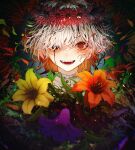  1girl @_@ blood blood_from_eyes chromatic_aberration colored_inner_hair commentary_request fangs film_grain flower frills head_wreath hidariri highres multicolored_hair open_mouth orange_flower orange_hair original purple_flower red_eyes red_flower shirt short_hair smile solo white_hair white_shirt yellow_flower 