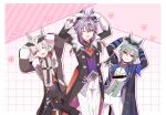  3boys ahoge animal_ears armor belt belt_collar black_belt black_gloves black_horns black_pants blue_eyes blue_gloves blue_shirt checkered_background chest_harness chest_jewel choker closed_eyes coat collar collared_shirt commentary_request crossed_bangs dragon_horns dragon_wings durin_(genshin_impact) earrings fang folded_wings fur-trimmed_coat fur-trimmed_sleeves fur_trim genshin_impact gloves green_hair grey_hair hair_between_eyes hair_intakes harness heart heart_arms highres horns illuga_(genshin_impact) jewelry loh_e_nlove lohen_(genshin_impact) long_sleeves looking_at_viewer male_focus mole mole_under_eye multicolored_coat multicolored_eyes multicolored_gloves multicolored_hair multicolored_horns multiple_boys one_eye_closed open_clothes open_coat open_mouth pants parted_lips pink_background purple_hair purple_horns purple_sash red_eyes red_hair sash shirt short_hair shoulder_armor single_earring smile solo streaked_hair sweater thigh_strap turtleneck turtleneck_sweater two-tone_gloves two-tone_hair two-tone_horns vision_(genshin_impact) white_gloves white_pants wings 