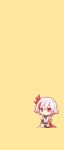  1girl :< absurdres asymmetrical_gloves bare_shoulders black_gloves brown_background chibi closed_mouth commentary_request dress fu_hua fu_hua_(phoenix) full_body gloves hair_between_eyes highres honkai_(series) honkai_impact_3rd mismatched_gloves mon_momu multicolored_hair pink_hair red_eyes red_gloves red_hair seiza simple_background sitting solo streaked_hair white_dress yellow_background 