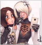  2b_(nier:automata) 2girls adapted_costume alita battle_angel_alita black_dress black_gloves black_hairband black_shirt blindfold bolt_(hardware) border bottle breasts brown_eyes brown_hair cellphone commentary covered_eyes crossover dress drink drinking drinking_straw drinking_straw_in_mouth elbow_gloves english_commentary facial_mark facing_viewer flower food gloves hair_flower hair_ornament hairband highres holding holding_bottle holding_drink holding_food holding_phone joints licking looking_at_viewer medium_breasts multicolored_gloves multiple_girls nier:automata nier_(series) nut_(hardware) omar_dogan open_mouth phone puckered_lips robot_joints scan shirt short_hair signature simple_background sleeveless sleeveless_dress sleeveless_shirt smartphone smile surprised taking_picture traditional_media two-tone_gloves upper_body white_background white_border white_flower white_gloves white_hair 
