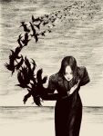  1girl bent_back bird black_hair bowing crow flock greyscale highres long_hair long_sleeves looking_at_viewer monochrome original solo tp_p_pt white_background 