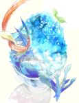  1other blue_skin bowl closed_eyes colored_skin commentary_request crossed_arms food furry greninja harvest88 highres mint pokemon pokemon_(creature) pokemon_focus reflection shaved_ice simple_background sitting solo white_background 