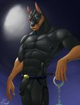  2017 anthro balls baton belt biceps black_nose canine clothed clothing doberman dog eye_patch eyewear general: hamili handcuffs male mammal muscular muscular_male nipples nude partially_clothed penis shackles simple_background solo topless vein yellow_eyes 