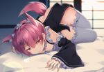  animal_ears ass black_dress blush bottomless breasts commentary_request detached_sleeves dress frilled_dress frilled_sleeves frills hair_ornament hairband highres indoors kemonomimi_mode looking_at_viewer lying no_panties on_bed on_side pink_eyes pink_hair ram_(re:zero) re:zero_kara_hajimeru_isekai_seikatsu shokuyou_mogura short_hair small_breasts solo tail thigh_gap wide_sleeves x_hair_ornament 
