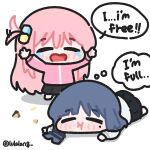  2girls blue_hair blush bocchi_the_rock! chibi chibi_only closed_eyes crumbs cube_hair_ornament english_text gotoh_hitori hair_ornament hair_wagging highres jacket lulalang mini_person minigirl mole multiple_girls pink_hair skirt speech_bubble tears thought_bubble yamada_ryo 