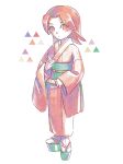  1boy 1girl absurdres blush closed_mouth commentary_request diamond_(shape) flipped_hair full_body highres japanese_clothes kimono long_hair long_sleeves looking_at_viewer male_focus medium_hair mii_(nintendo) mii_gunner mii_gunner_(smash_4) nyo02921978 obi okobo orange_eyes orange_kimono parted_bangs pink_eyes pink_kimono platform_sandals red_hair red_kimono robe sandals sash short_hair simple_background sleeves_past_wrists socks solo standing super_smash_bros. tabi triangle white_background white_socks wide_sleeves 