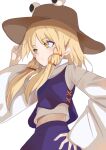  1girl blonde_hair blush brown_hat closed_mouth commentary_request hair_ribbon hand_on_headwear hand_on_own_hip hat highres long_hair long_sleeves midriff moriya_suwako navel orange_ribbon purple_skirt purple_vest ribbon simple_background skirt skirt_set solo touhou tress_ribbon veow vest white_background wide_sleeves yellow_eyes 