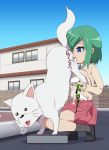  bestiality blue_eyes blush bra breasts cum cum_on_clothes dog ejaculation green_hair iwasaki_minami large_breasts lucky_star paizuri rimjob shirt_lift underwear uwa~a white_bra 