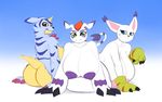 2017 anthro areola averyshadydolphin big_breasts big_butt blue_eyes blue_fur blue_markings breasts butt claws digimon digital_media_(artwork) eyebrows fangs feline female fur gabumon gatomon gomamon green_eyes group horn huge_breasts looking_at_viewer mammal markings nipples nude red_eyes simple_background smile thick_thighs video_games wide_hips yellow_fur 