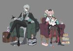  1boy 1girl absurdres alternate_costume anaxa_(honkai:_star_rail) animal ankle_strap aqua_coat aqua_hair arm_rest armchair belt black_belt black_cape black_coat black_gloves black_hat black_pants black_shoes black_skirt black_vest blue_eyes book book_stack box bright_pupils brown_thighhighs cake cape chair closed_mouth coat coat_on_shoulders commentary contrast_collar contrast_lapels crossed_legs cuff_links cup detached_collar drill_hair dromas_(honkai:_star_rail) earrings expressionless eyepatch food fruit full_body fur_hair_tie gloves gradient_hair green_hair green_necktie grey_background grey_jacket grey_socks hair_between_eyes hair_intakes hair_over_shoulder hat high-low_skirt highres holding holding_animal honkai:_star_rail honkai_(series) hourglass hyacine_(honkai:_star_rail) jacket jewelry knees_together_feet_apart lapels little_ica_(honkai:_star_rail) long_hair long_sleeves looking_at_viewer low_side_ponytail macaron medium_hair memosprite multicolored_eyes multicolored_hair multiple_rings necktie notched_lapels offering_hand one_eye_covered open_hand oxfords pants papajay_(jennygin2) parted_lips patterned_clothing pegasus pillbox_hat pink_hair pink_pupils pleated_sleeves red_cape red_skirt ring sandwich saucer shirt shoes short_sleeves side-by-side side_ponytail sidelocks simple_background single_earring sitting skirt smile socks steaming_cup strawberry stuffed_animal stuffed_toy suit_pants suitcase suspender_skirt suspenders swiss_roll tea teacup thighhighs tiered_tray twin_drills two-sided_cape two-sided_coat two-sided_fabric two-sided_skirt two-tone_eyes two-tone_hair untranslatable_commentary v-neck vest waist_cape white_pupils white_shirt 