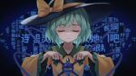  1girl black_hat buttons chunjiu closed_eyes closed_mouth collarbone commentary_request contrast_collar diamond_button facing_viewer green_hair hat hat_ribbon highres komeiji_koishi ribbon shirt short_hair solo third_eye touhou translation_request upper_body wide_sleeves yellow_ribbon yellow_shirt 