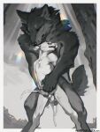  anthro bodily_fluids canid canine canis chromatic_aberration cum cum_inside cumshot dominant ejaculation from_behind_position genital_fluids hi_res kounalix large_male larger_dom male male/male mammal nude paw_on_belly sex simple_background size_difference size_play standing wolf 