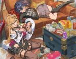  2girls ? ahoge bag_of_chips bare_shoulders belle_(zenless_zone_zero) black_skirt black_thighhighs blonde_hair blue_hair brown_thighhighs can chalky_(zenless_zone_zero) chips_(food) cissia_(zenless_zone_zero) commentary couch crossed_bangs cup detached_sleeves electric_guitar food guitar hair_between_eyes hair_ornament hairclip hashibiro_kou_(garapiko_p) highres indoors instrument letter_hair_ornament long_hair lying metal_wrist_cuffs miniskirt multiple_girls nail_polish no_shoes on_couch on_side one_eye_closed open_mouth pillow pom_pom_(clothes) pom_pom_hair_ornament rubbing_eyes short_hair single_thighhigh sitting skirt snake snake_girl snake_tail soda sparkle tail thighhighs untranslatable_commentary wariza white_snake zenless_zone_zero 