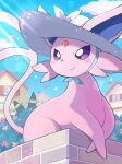 absurd_res ambiguous_gender building clothing colored day digital_drawing_(artwork) digital_media_(artwork) duo eeveelution espeon feral flower generation_2_pokemon hat hat_only headgear headgear_only headwear headwear_only hi_res komanyachi low-angle_view lying mostly_nude nintendo on_front outside pink_body plant pokemon pokemon_(species) purple_eyes quadruped red_flower shaded sky smile solo_focus tail umbreon unusual_anatomy unusual_tail