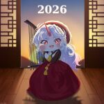  1girl 2026 :3 absurdres achi_delo alternate_costume blue_hair blush bolkki chibi chibi_only chima_(clothes) cross-shaped_pupils epica_(trickcal) full_body fur_trim gradient_hair hanbok harp highres holding holding_harp horns instrument jeogori_(clothes) korean_clothes looking_at_viewer multicolored_hair new_year open_mouth playing_instrument purple_hair red_eyes red_skirt single_horn skirt smile solo sunset symbol-shaped_pupils trickcal twitter_username unicorn_girl unicorn_horn wavy_hair wooden_floor 