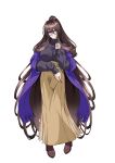  1girl absurdly_long_hair aged_up black-framed_eyewear black_shirt black_sweater blue_scarf blush boots breasts brown_hair brown_skirt closed_mouth commentary_request full_body gem glasses hair_between_eyes hair_intakes hand_up high-waist_skirt high_heels high_ponytail highres jewelry katsuragi_marina kouyoku_senki_exs-tia kozu_rokuta large_breasts long_hair long_skirt long_sleeves looking_at_viewer mole mole_under_mouth necklace pendant ponytail purple_eyes purple_gem purple_scarf round_eyewear scarf shawl shirt shoes sidelocks simple_background skirt sleeves_past_wrists smile solo standing sweater transparent_background turtleneck turtleneck_sweater very_long_hair white_background 