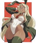  1girl animal_ear_hairband animal_ears artist_name black_coat black_hairband black_thighhighs blonde_hair blue_eyes blush border breasts cigarette coat commentary cowboy_shot dark-skinned_female dark_skin fake_animal_ears fake_tail glasses groin hairband hellsing highres integra_hellsing large_breasts leotard lips long_hair long_sleeves looking_at_viewer mole mole_under_mouth necktie open_clothes open_coat outside_border playboy_bunny rabbit_ear_hairband rabbit_ears rabbit_tail red_background red_necktie smoke smoking solo strapless strapless_leotard tail thick_thighs thighhighs thighs very_long_hair vizaz white_border white_leotard 