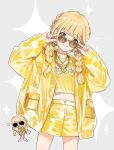  1girl adjusting_eyewear blonde_hair braid brown_eyes chain chain_necklace chibi chibi_inset closed_mouth cowboy_shot fujita_kotone gakuen_idolmaster grey_background hands_up highres idolmaster jacket jewelry long_hair looking_at_viewer midriff navel necklace open_clothes open_jacket papelnln shirt shorts signature smile solo sparkle sunglasses twin_braids yellow-framed_eyewear yellow_jacket yellow_shirt yellow_shorts 