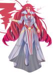  1girl aged_up ahoge artist_name astartefrost big_hair bodysuit breasts drill_hair floating fur_trim grey_bodysuit highres invincible_(series) kasane_teto loincloth long_hair medium_breasts multicolored_bodysuit muscular muscular_female red_bodysuit red_eyes red_hair red_trim solo twin_drills two-tone_bodysuit utau very_long_hair white_background 