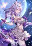  1girl asymmetrical_gloves bare_shoulders breasts bug butterfly castorice_(honkai:_star_rail) clothing_cutout commentary cowboy_shot dress elbow_gloves full_moon gloves hands_up harimoji highres honkai:_star_rail honkai_(series) large_breasts long_hair looking_at_viewer moon orange_butterfly paid_reward_available pantyhose parted_lips pointy_ears purple_eyes purple_gloves purple_hair sidelocks sideways_glance single_elbow_glove single_leg_pantyhose single_thighhigh solo stomach_cutout thighhighs uneven_gloves white_dress white_pantyhose white_thighhighs yellow_butterfly 