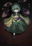  1girl atai_(56874442) boots closed_eyes dress frilled_dress frills from_above green_dress green_hair highres komeiji_koishi long_sleeves purple_eyes ribbon short_hair standing third_eye touhou yellow_dress 