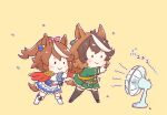  2girls black_boots boots brown_hair cape chibi closed_mouth commentary_request dress electric_fan full_body gloves green_dress highres mon_momu multiple_girls ponytail red_cape simple_background smile standing symboli_rudolf_(emperor's_path)_(umamusume) symboli_rudolf_(umamusume) thigh_boots tokai_teio_(peak_joy)_(umamusume) tokai_teio_(umamusume) umamusume white_boots white_dress white_gloves wind yellow_background 