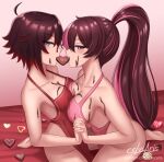  2girls ahoge apron artist_name ass barefoot blush breasts brown_hair candy chocolate chocolate_on_body chocolate_on_breasts commentary cslucaris english_commentary eyelashes food food_in_mouth food_on_body grey_eyes heart heart-shaped_chocolate heart-shaped_food holding_hands long_hair multicolored_hair multiple_girls naked_apron neopolitan_(rwby) patreon_username pink_apron pink_eyes pink_hair ponytail red_apron red_hair ruby_rose rwby short_hair signature teeth two-tone_hair upper_teeth_only web_address yuri 