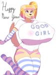 2017 absurd_res anthro armwear big_breasts black_nose breasts canine clothing dog english_text eyelashes female hair hi_res huge_breasts legwear mammal nipple_bulge panties plankboy shirt short_hair simple_background smile solo striped_legwear stripes text tongue tongue_out underwear white_background 