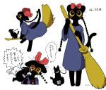 1girl animal animal_feet animal_hands animalization biting black_eyes black_fur black_hair blue_dress body_fur bow braid broom broom_riding cat cat_girl cocri colored_sclera commentary_request cosplay crying dress furry furry_female hair_bow holding holding_broom jiji_(majo_no_takkyuubin) jiji_(majo_no_takkyuubin)_(cosplay) kiki_(majo_no_takkyuubin) kiki_(majo_no_takkyuubin)_(cosplay) low_twin_braids majo_no_takkyuubin multiple_views original roku_(cocri) simple_background suzu_(cocri) translation_request twin_braids whiskers white_background yellow_sclera 