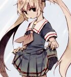  1girl black_ribbon blonde_hair commentary_request grey_background hair_between_eyes hair_ribbon holding_own_skirt kantai_collection long_hair looking_at_viewer murasame_(kancolle) neckerchief parted_lips pleated_skirt red_neckerchief ribbon sailor_collar school_uniform serafuku short_sleeves simple_background skirt solo takishima_asaka twintails very_long_hair white_sailor_collar 