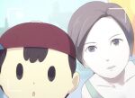  1boy 1girl :o backwards_hat baseball_cap black_eyes black_hair collarbone colored_skin fake_screenshot grey_hair hat looking_at_viewer mother_(series) mother_2 ness_(mother_2) pale_skin short_hair super_smash_bros. taking_picture tank_top white_skin wii_fit wii_fit_trainer_(female) 