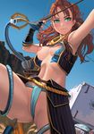  1girl aloy_(horizon) alternate_costume armpits arrow blue_sky blush bow_(weapon) breasts cameltoe day fingerless_gloves fundoshi gloves green_eyes horizon_zero_dawn japanese_clothes lasterk leg_lift mechanical_tentacles midriff motion_blur navel nipples quiver red_hair sky solo sweatdrop torn_clothes vest weapon 