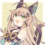  1girl ahoge animal_ears ark_kan black_choker blue_sleeves blush brown_hair cat_ears cat_girl cat_tail choker commentary_request crop_top detached_sleeves genshin_impact green_eyes hair_between_eyes hair_ornament hairclip kirara_(genshin_impact) long_hair multiple_tails open_mouth sidelocks simple_background solo tail tassel two_tails upper_body 