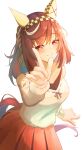  1girl animal_ears blush braid breasts brown_hair brown_skirt buena_vista_(casual)_(umamusume) buena_vista_(umamusume) casual checkered_hairband closed_mouth commentary_request ear_covers ginmusou373 hair_between_eyes hairband highres horse_ears horse_girl horse_tail index_finger_raised long_sleeves looking_at_viewer medium_breasts purple_eyes simple_background skirt smile solo sweater tail umamusume white_background white_sweater 