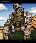  2017 anthro armor boots bradley_taylor_(renthedragon) bulletproof_vest canine clothed clothing cybernetic_arm english_text footwear fox gloves green_eyes gun helmet looking_at_viewer mammal marine_corps military outside ranged_weapon renthedragon rifle rifle_sling sitting soldier text usmc walkie_talkie weapon 
