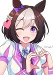  1girl absurdres animal_ears blush bow braid brown_hair collared_shirt commentary_request ear_bow ear_ribbon half_up_braid heart heart_hands highres horse_ears horse_girl jacket looking_at_viewer multicolored_hair one_eye_closed open_mouth purple_bow purple_eyes purple_ribbon purple_vest ribbon shirt short_hair short_sleeves simple_background smile special_week_(special_dreamer)_(umamusume) special_week_(umamusume) teeth two-tone_hair umamusume upper_body upper_teeth_only vest white_background white_hair white_jacket white_shirt wristband yasaka_(rwrk4222) 