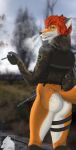 absurd_res anthro butt camouflage_uniform canid canine cigarette clothed clothing detailed_background drugs exhaling_smoke fingerless_gloves flirting fox fox_tail foxolex freckled_butt freckled_face freckles fur g36 gloves green_eyes gun hair handwear hi_res holding_a_weapon male mammal marijuana multicolored_body multicolored_fur nudist partially_clothed patch_(fabric) piercing ranged_weapon red_body red_fur red_hair s.t.a.l.k.e.r. smoke_cloud smoking smoking_marijuana solo stoned substance_intoxication tactical_gear vinokur weapon