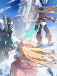  1girl 2boys absurdres armor blonde_hair ciel_(mega_man) commentary_request energy_sword helmet highres holding holding_sword holding_weapon long_hair mega_man_(series) mega_man_zero_(series) mega_man_zero_3 multiple_boys omochi_(mochi_skymega) red_armor red_helmet snowing sword weapon z_saber zero(z)_(mega_man) zero_(mega_man) 