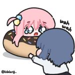  2girls blue_hair blush bocchi_the_rock! chibi chibi_only cube_hair_ornament donut english_text food gotoh_hitori hair_ornament highres lulalang mini_person minigirl multiple_girls pink_hair sad sprinkles stuck tears twitter_username yamada_ryo 
