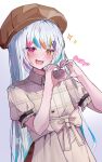  1girl :3 alternate_hairstyle apron artist_name beret brown_hat commentary_request hat heart heart_hands heterochromia highres jogasaki_noah long_hair looking_at_viewer mahou_shoujo_no_majo_saiban multicolored_hair official_alternate_costume open_mouth pink_eyes simple_background solo treasure_cafe white_background white_hair yellow_eyes yozora_(ssryzr) 