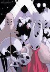  6+others absurdres arthropod_girl artist_name black_background black_skin blank_eyes breasts bug cape cloak colored_skin crack crossed_arms crown fewer_digits first_sinner_(hollow_knight) fur-trimmed_cloak fur_collar fur_trim grand_mother_silk_(hollow_knight) high_collar highres holding holding_weapon hollow_eyes hollow_knight hollow_knight:_silksong hornet_(hollow_knight) horns joints knight_(hollow_knight) lace_(hollow_knight) long_hair looking_at_viewer mask monster_girl multiple_girls multiple_others needle phantom_(hollow_knight) red_cape red_cloak shaded_face shantysixix simple_background skull standing sword twitter_username upper_body very_long_hair viltrumite_clothes void_entity_(hollow_knight) weapon white_cloak white_eyes white_hair white_skin widow_(hollow_knight) 