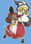  2girls apron black_skirt black_vest blonde_hair blue_background braid broom broom_riding brown_hair commentary_request detached_sleeves hakurei_reimu kirisame_marisa long_hair makiemon multiple_girls outline red_shirt red_skirt shirt simple_background single_braid skirt sleeveless sleeveless_shirt touhou vest white_apron white_outline white_shirt 
