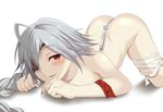  1girl ass bandage blazblue blue_nails blush breasts esuto eyepatch grey_hair highres nail_polish naughty_face nu-13 nude red_eyes smile 