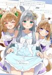  3girls absurdres almond_eye_(umamusume) blast_onepiece_(umamusume) blue_eyes breasts brown_hair chrono_genesis_(umamusume) closed_mouth collarbone commentary_request grey_hair hair_between_eyes hair_ornament highres large_breasts looking_at_viewer multiple_girls ponta_(1859ysmssstsp) school_uniform simple_background small_breasts smile tracen_school_uniform translation_request twintails umamusume white_background 