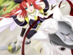  1girl 2000s_(style) :o armor blue_eyes cape game_asset gloves horse horseback_riding long_hair magical_girl mahou_senshi_(series) mahou_senshi_sweet_knights_2 non-web_source official_art open_mouth princess_tear red_hair riding saitou_natsuki self-datamine solo sword tearna_lilian_transylveil variant_set visual_novel_cg weapon 