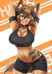  1girl 2018 :d absurdres animal_ears armband armpits arms_behind_head blue_eyes body_writing bone breasts brown_fur brown_hair cleavage collar collarbone cowboy_shot dark_skin dog_collar dog_ears dog_tail eyebrows eyebrows_visible_through_hair fangs fur furry hair_between_eyes headband kobold large_breasts midriff monster_girl monster_musume_no_iru_nichijou paint polt shiny_skin short_hair shorts smile snout solo sports_bra standing tail toned virusotaku 