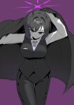  1girl absurdres black_jacket black_pants black_vest blue_archive blue_necktie breasts closed_mouth commentary_request erum_4066 hair_between_eyes halo highres jacket korean_commentary large_breasts light_smile looking_at_viewer medium_hair necktie pants purple_background purple_eyes purple_halo shirt simple_background solo subaru_(blue_archive) suit suit_jacket thigh_gap vest white_shirt 